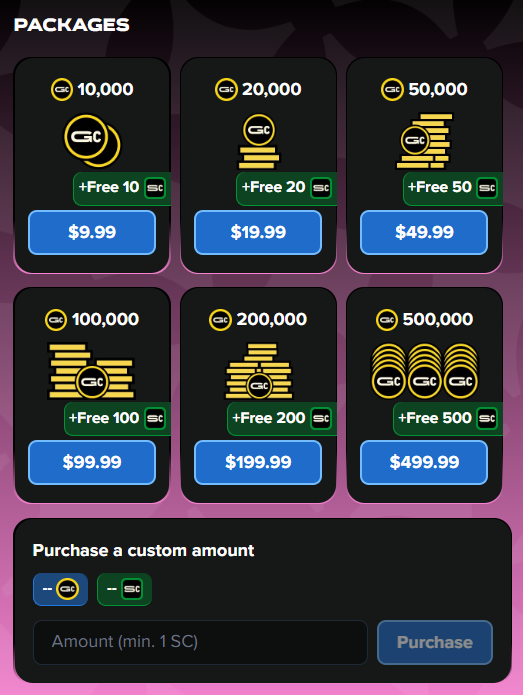 Supported Purchase Packages at MyPrize.us