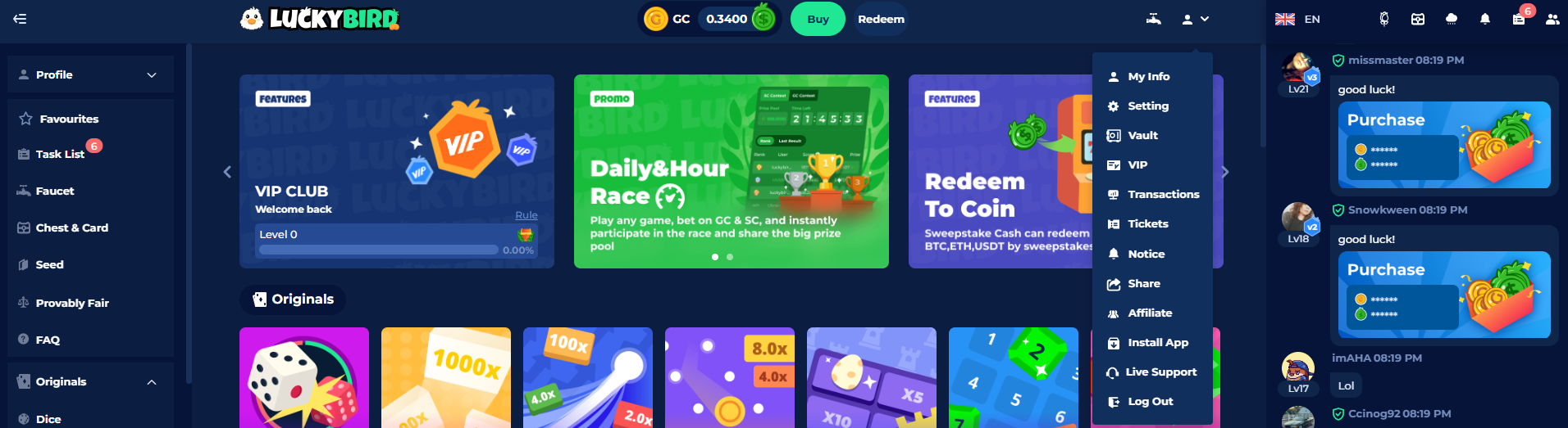 LuckyBird.io Casino UX