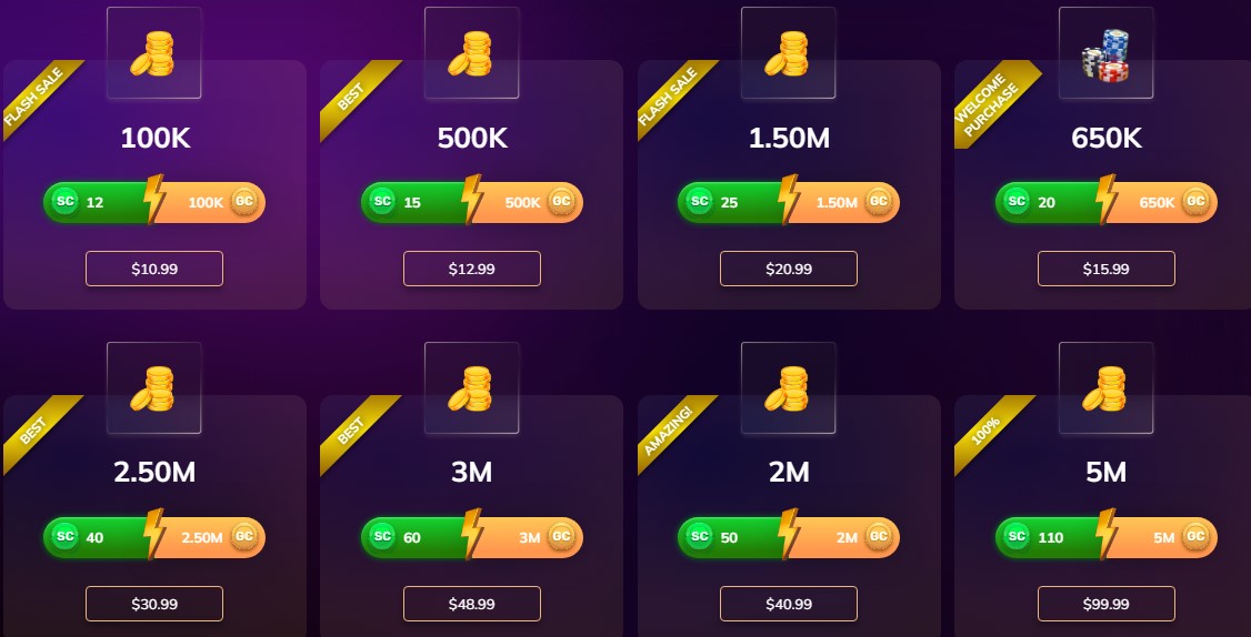 Supported Purchase Packages at GoldNLuck Casino